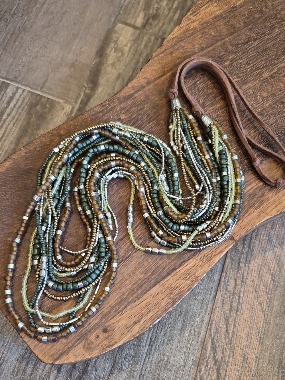 Multistrand Brown & Green Hues Silver Tone Hardware Brown Suede Cord Necklace - Picture 3 of 13